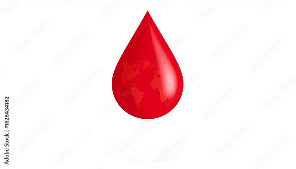 Fototapeta premium Red blood drop with maps isolated on white background, symbolizing donation and health suitable for a medical poster or campaign. World Blood Donor Day Awareness.