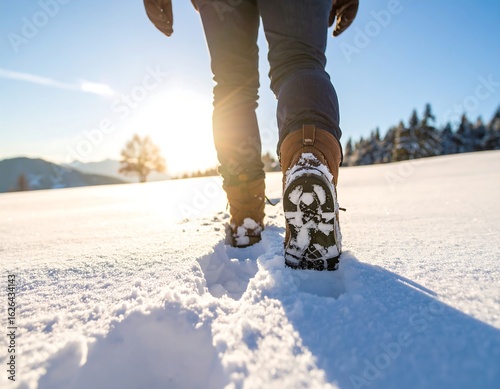 Winter trekking adventure: A person's perspective walking on a snow covered landscape with sunny