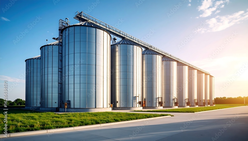 Fototapeta premium Modern grain silos under a bright sky