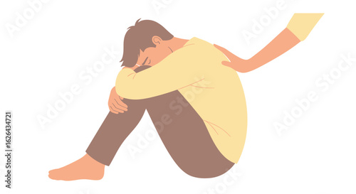 An illustration depicts a distressed person sitting on the ground, receiving comforting support from a hand on their shoulder, symbolizing empathy and care.