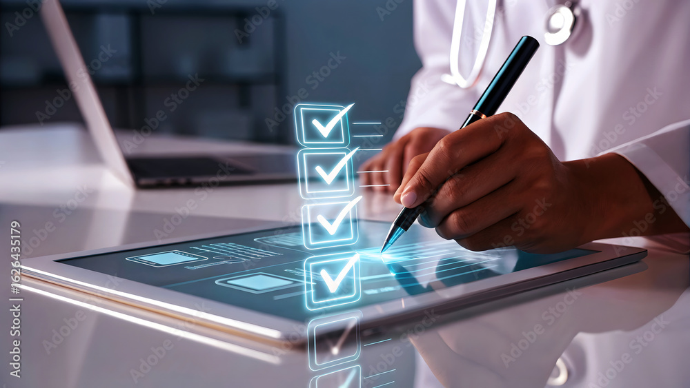 Naklejka premium Doctor checking off tasks on digital tablet with glowing checklist