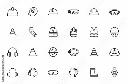 A clean and comprehensive set illustrating essential safety measures and protective gear in the workplace. Ideal for employee training, safety manuals, and industrial compliance