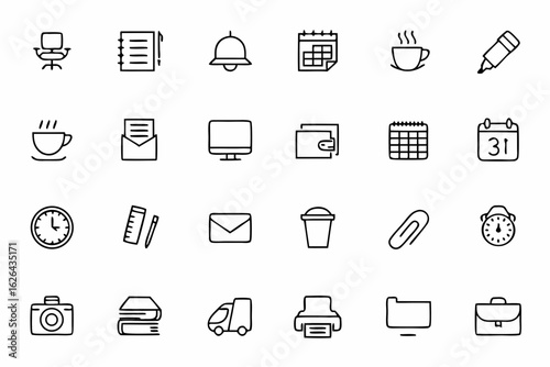 A clean and modern set of line icons representing common office activities and daily work essentials. Perfect for business apps, employee handbooks, and workplace infographics