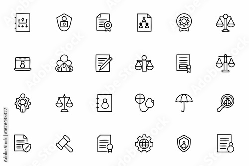 A professional line icon set focusing on the legal, compliance, and regulatory aspects of ESOPs. Useful for legal teams, HR compliance materials, and corporate governance documents