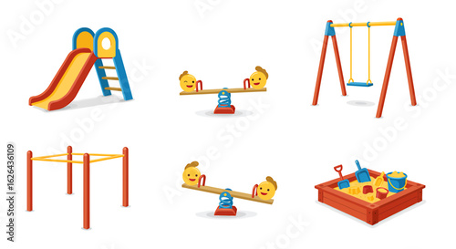 Colorful playground equipment, including a slide, swings, seesaw, and a sandbox, depicted in a flat design style.