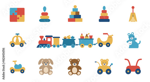 Colorful collection of various children's toys, including puzzles, stacking toys, trains, cars, stuffed animals, and more.