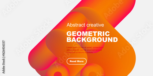 Abstract geometric background features vibrant orange, red hues. Text overlay includes sample content, button. Modern design elements present.