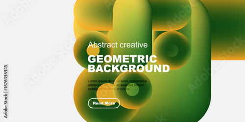 Abstract geometric shapes, vibrant colors, modern design. Text overlay includes geometric background, plus sample text, button. Minimalist aesthetic.