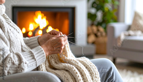 Elderly person knitting warm cream colored scarf by cozy fireplace in comfortable living room setting