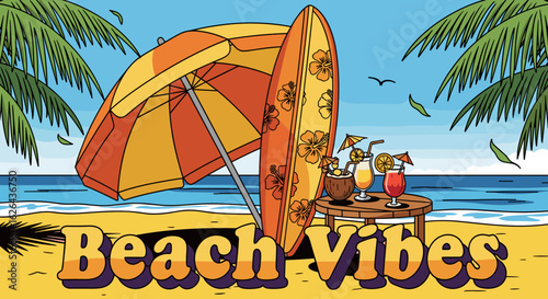 Tropical Beach Scene with Refreshing Drinks and Surfboard