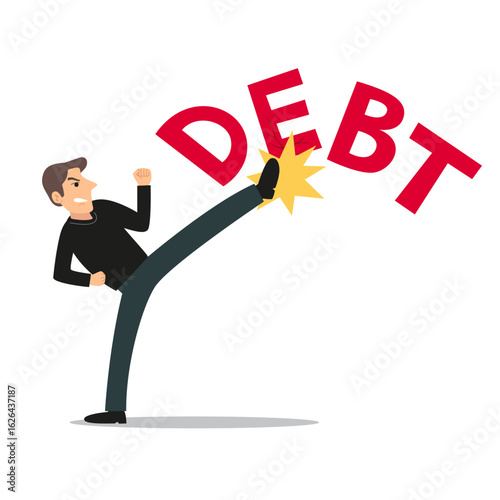 Businessman Kicks word debt. Drawings, Illustration, Cartoon, Vector.