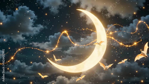 Crescent moon with luminous bats and sparkles