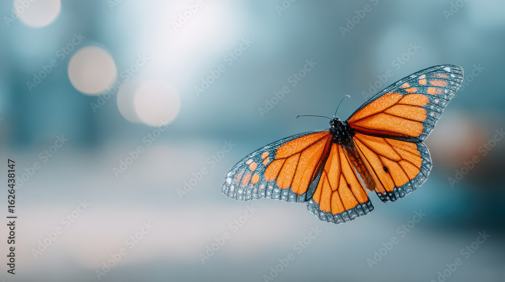 Obraz premium Monarch butterfly with orange and black wings flying in soft blue background light
