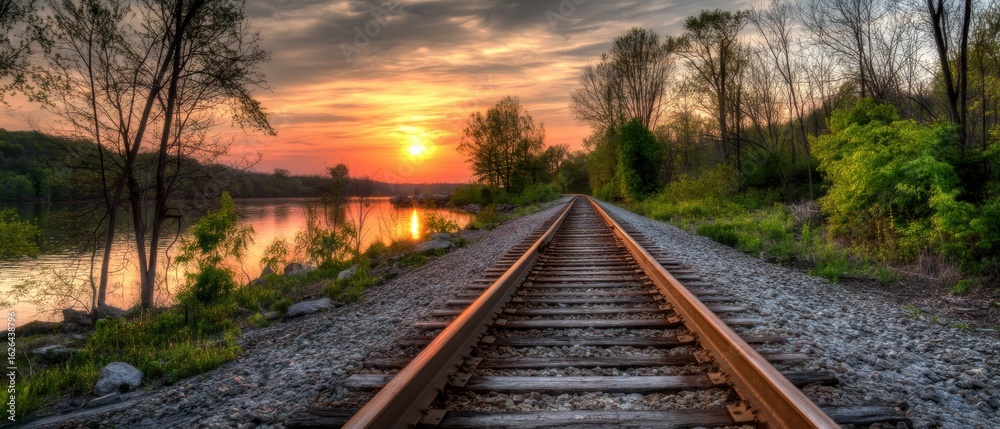 Fototapeta premium Railroad tracks lead into a vibrant sunset, flanked by trees and a calm river, creating a tranquil and scenic landscape