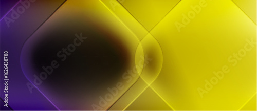 Abstract geometric composition. Yellow, purple hues blend, creating tunnel illusion. Soft gradients, dynamic lines define space.