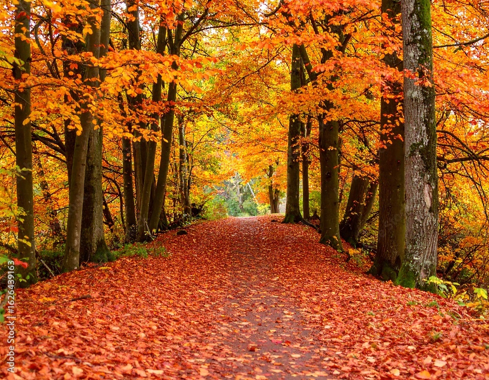 Naklejka premium Vibrant autumn foliage path in the forest, a scenic trail through a woodland
