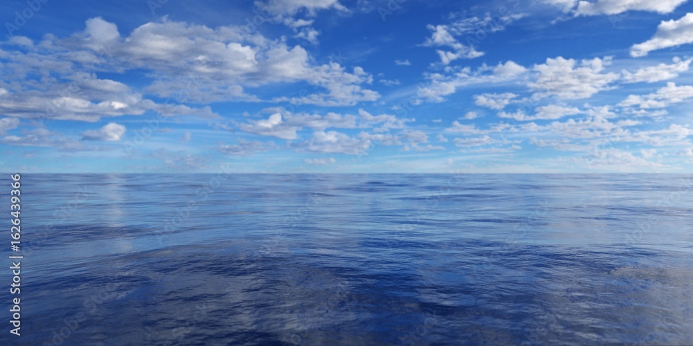 Obraz premium Daylight calm ocean seascape with fluffy white clouds on blue sky, tourism or travel template background, selective focus