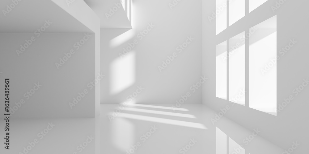 Fototapeta premium Empty blank white room interior background with large windows and separated room, modern interior template