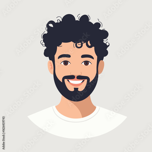  flat vector avatar of man with curly top fade and beard, cheerful expression vector illustration