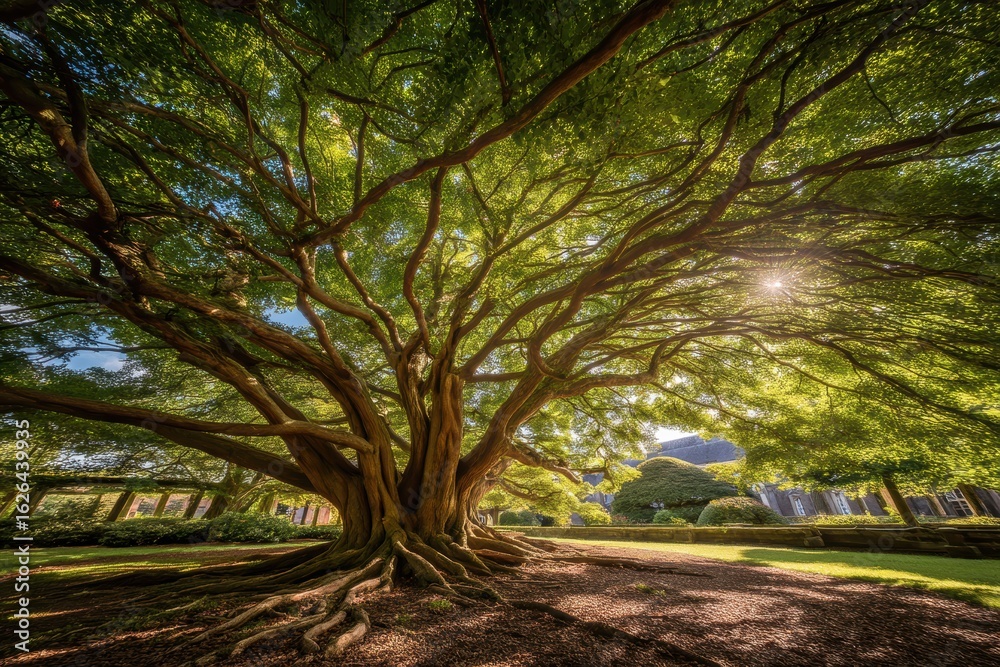 Naklejka premium A majestic, sprawling tree with thick branches and lush green leaves spreads wide in a sunlit garden, creating a natural canopy over the ground