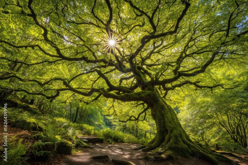 Fototapeta premium Majestic old tree with sprawling branches and sunlight streaming through lush green leaves in a vibrant forest setting