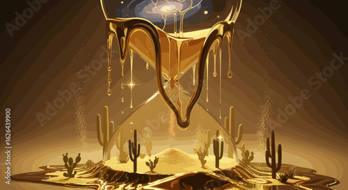 Cosmic Sands Flowing Through Golden Hourglass in Desert Landscape