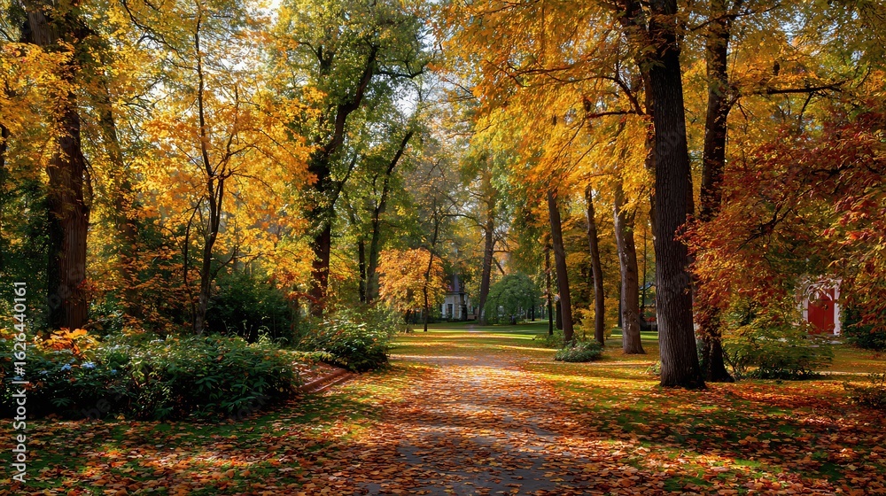 Obraz premium Golden and red leaves scatter across a peaceful park landscape, creating a warm and inviting autumn atmosphere. 
