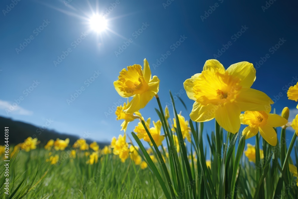 Fototapeta premium Bright yellow daffodils bloom in a green field under a clear blue sky with the sun shining brightly