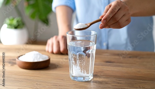 Person Adding Powder to Water in Glass on Wooden Table