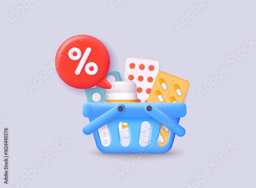 Shopping basket full of medications with discount symbol representing pharmacy sale. 3D Vector Illustration