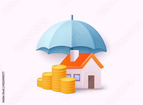 Wallpaper Mural House with coins under umbrella symbolizing property insurance and savings. 3D Vector Illustration Torontodigital.ca