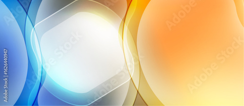 Abstract background features flowing shapes, gradients. Blue transitions to orange, creating dynamic visual effect. Soft light highlights curves.