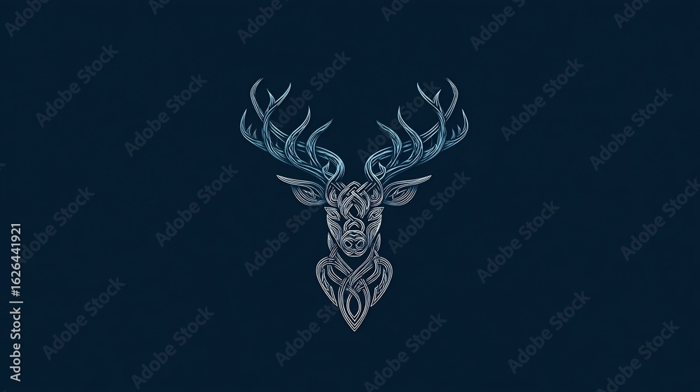 Obraz premium Intricate, stylized deer head design on dark background. Delicate, patterned antlers and face. Cool, muted tones