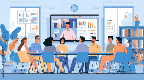 Diverse team collaborating remotely on project with leader via video conference call meeting