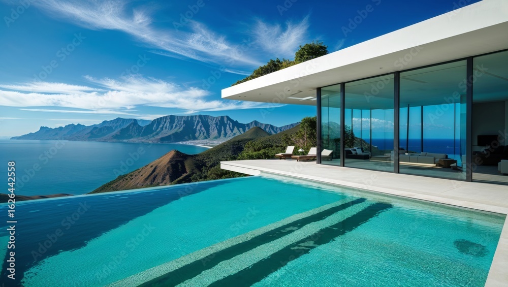 Fototapeta premium Luxurious modern villa with infinity pool overlooking ocean and mountains
