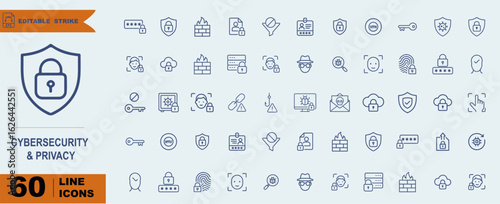 Cybersecurity & Privacy Icon Set – 60 Line Symbols for Data Protection, Authentication, and Digital Safety