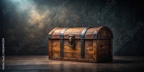 A weathered wooden chest with iron bands, sitting on a dark wooden surface against a textured backdrop, hinting at untold stories and hidden treasures.
