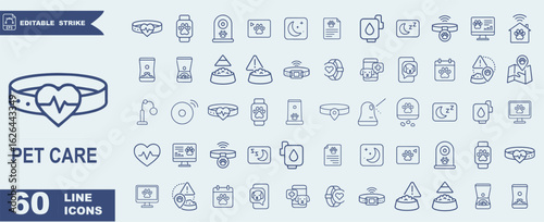 Pet Tech Icons – Smart Gadgets for Pet Care, Tracking, Monitoring, and Online Vet Support in Clean Outline Style

