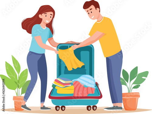 Family members putting clothes into luggage, checking travel list, and happy mood