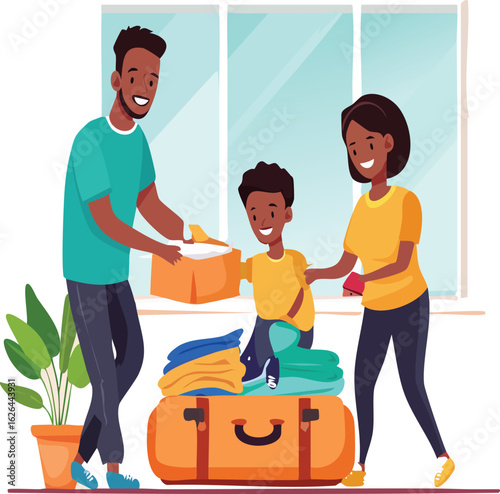 Family members putting clothes into luggage, checking travel list, and happy mood