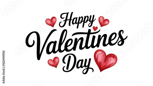 Happy Valentines Day lettering with red watercolor hearts for greeting card design