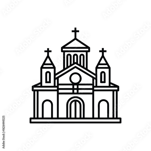 A black and white line art icon depicting a church building with two prominent towers and a central dome, all topped with crosses.
