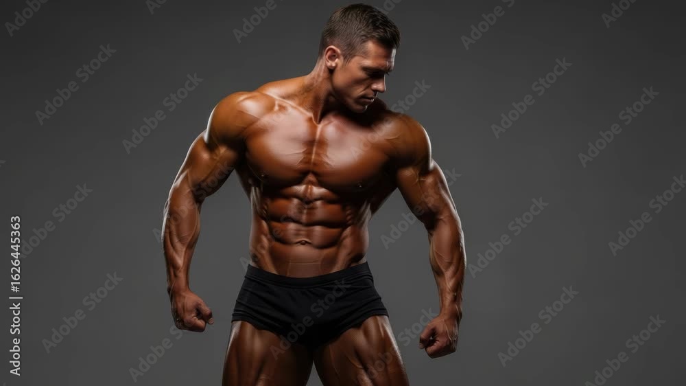 A powerfully built bodybuilder with defined muscles and abs poses confidently, showcasing his impressive physique and dedication to fitness A powerfully built bodybuilder with defined muscles and abs poses confidently, showcasing his impressive physique and dedication to fitness