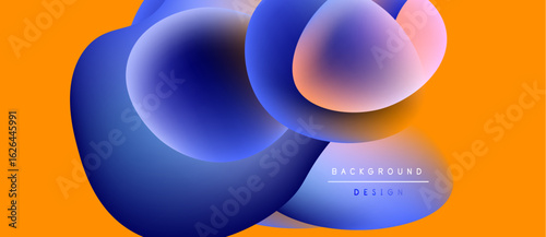 Abstract fluid shapes overlap, creating vibrant color gradients. Orange background complements blue, pink hues. Modern design element.