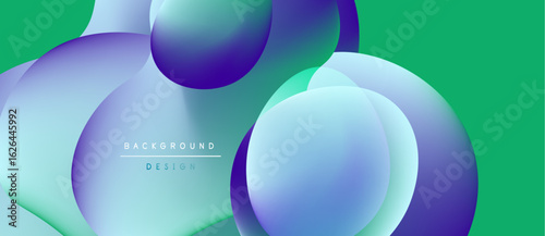 Abstract fluid shapes overlap, creating vibrant color gradients. Green background complements blue, purple hues. Modern design element.
