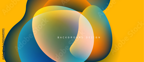Abstract fluid shapes overlap, creating vibrant color gradients. Yellow background complements orange, blue hues. Modern design element.