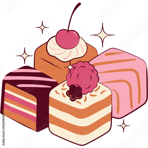 A sparkling assortment of gourmet petit fours, a vector illustration of delightful miniature dessert cakes with fruit toppings.