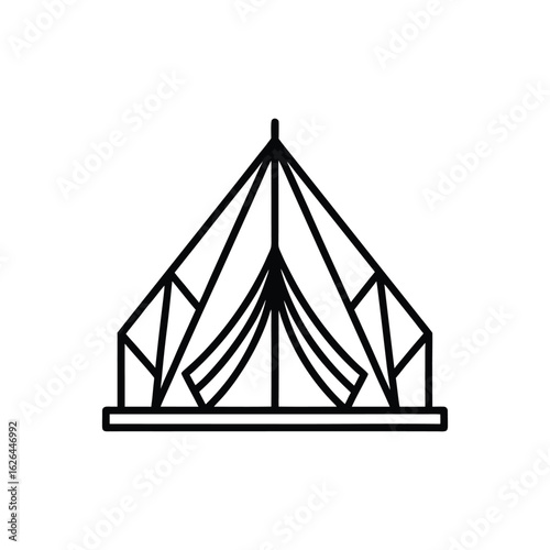 A minimalist black and white outline drawing of a tent with a geometric, angular design and a central pole.