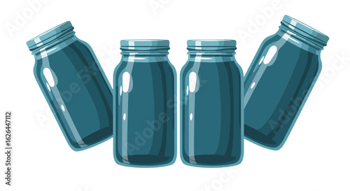 Four Blue Glass Mason Jars for Canning Preserving Food Storage and Crafting isolated on transparent background