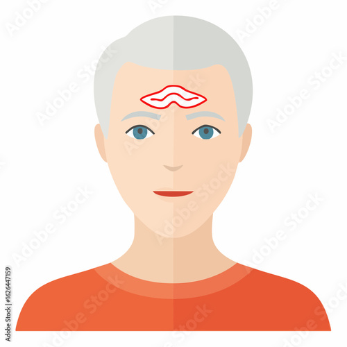 Illustration of a senior person with inflamed sinuses on forehead showing pain